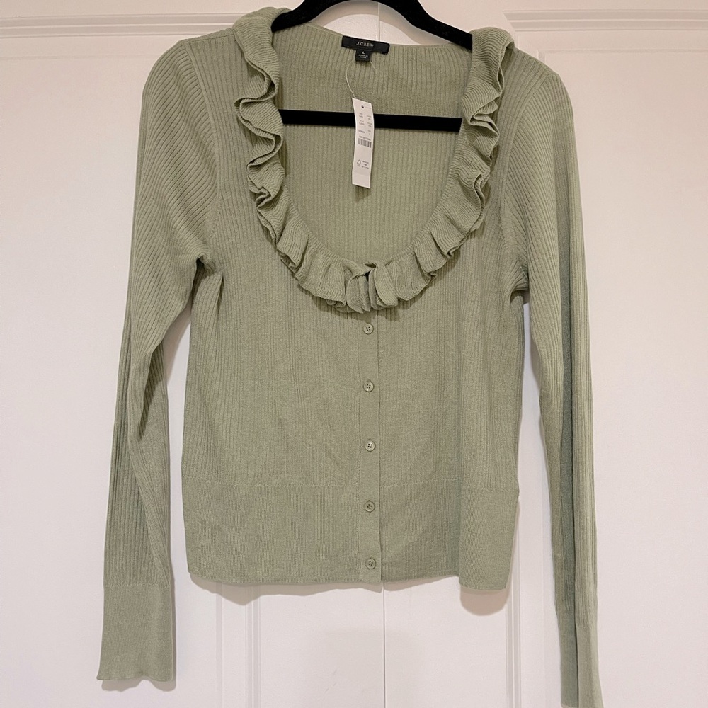 J. Crew Sage Green Ruffle-Trim Ribbed Cardigan